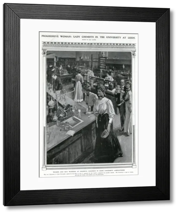 Framed Print : Female and male undergraduates in laboratory, July 1908 Framed Print : Female and male undergraduates in laboratory, July 1908