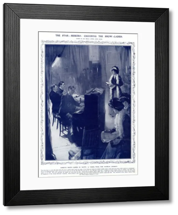Framed Print : Voice audition for female role in a musical 1908 Framed Print : Voice audition for female role in a musical 1908