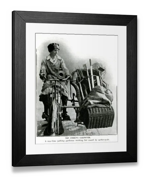 Framed Print : Woman gardener on her motor-cycle 1916 Framed Print : Woman gardener on her motor-cycle 1916
