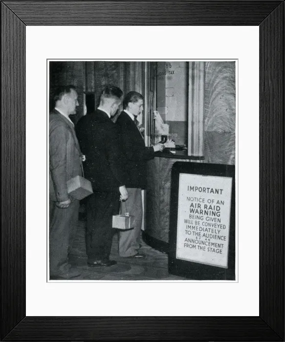 Framed Print : Three men at the cinema with their gas masks, September 1939 Framed Print : Three men at the cinema with their gas masks, September 1939