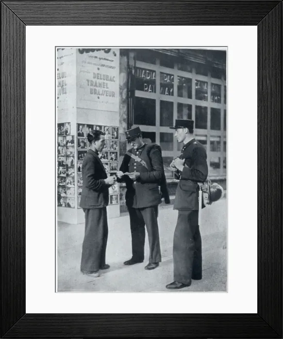 Framed Print : Man shows identity papers to gendarmes, September 1939 Framed Print : Man shows identity papers to gendarmes, September 1939