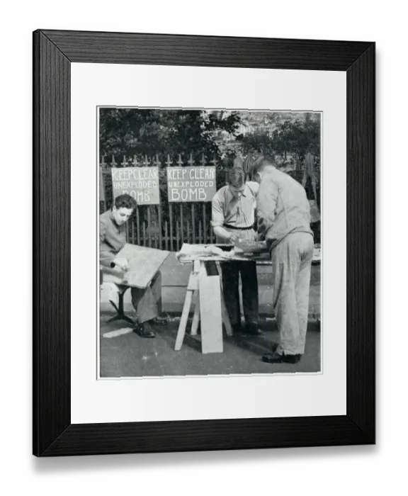 Framed Print : Men painting warning signs for unexploded bombs, Sept 1939 Framed Print : Men painting warning signs for unexploded bombs, Sept 1939
