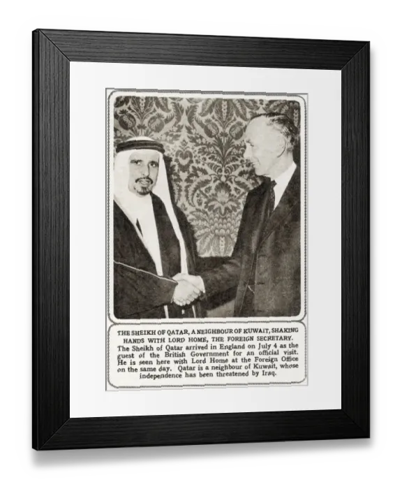 Framed Print : Sheikh of Qatar shakes hands Lord Home Framed Print : Sheikh of Qatar shakes hands Lord Home