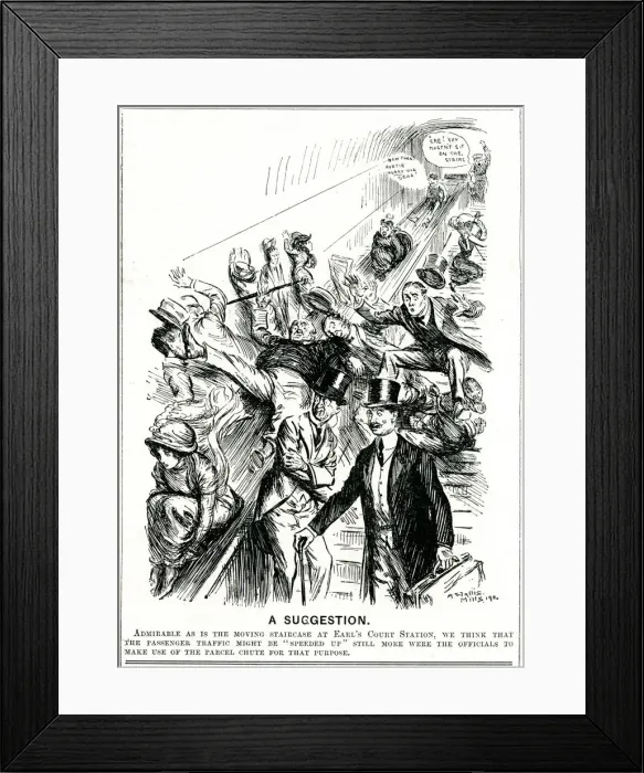 Framed Print : Cartoon, A Suggestion, London Underground escalator Framed Print : Cartoon, A Suggestion, London Underground escalator
