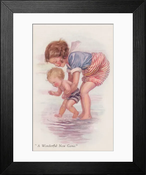 Framed Print : Paddling. A wonderful new game. Young girl dipping babys toes in the sea Framed Print : Paddling. A wonderful new game. Young girl dipping babys toes in the sea