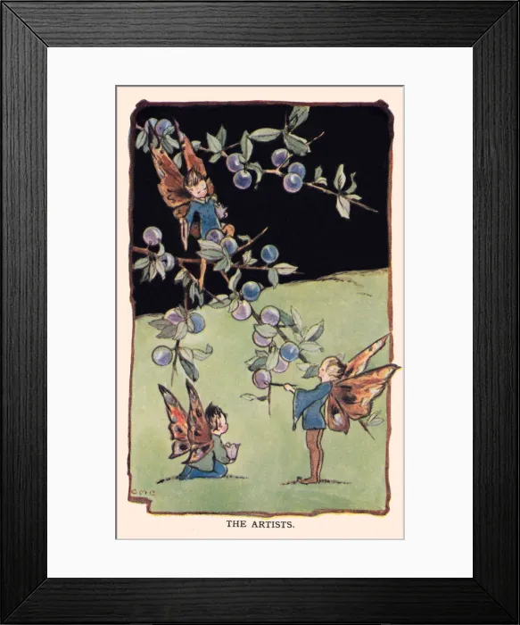 Framed Print : Fairyland. The Artists. Fairies painting berries on a tree. Artist: CM Cottam Date: 1920 Framed Print : Fairyland. The Artists. Fairies painting berries on a tree. Artist: CM Cottam Date: 1920