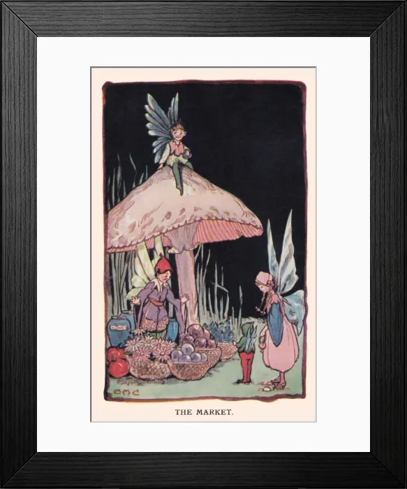 Framed Print : Fairyland. The Market. Fairies at a vegetable market stall under a toadstool Framed Print : Fairyland. The Market. Fairies at a vegetable market stall under a toadstool
