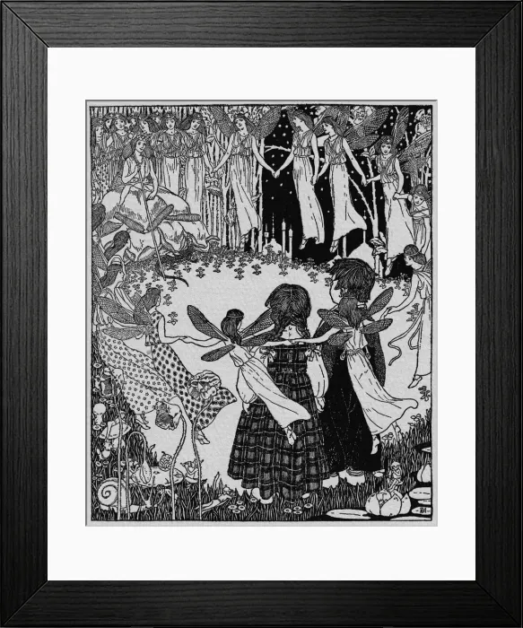 Framed Print : Fairyland. Brother and sister in woodland surrounded by fairies Framed Print : Fairyland. Brother and sister in woodland surrounded by fairies