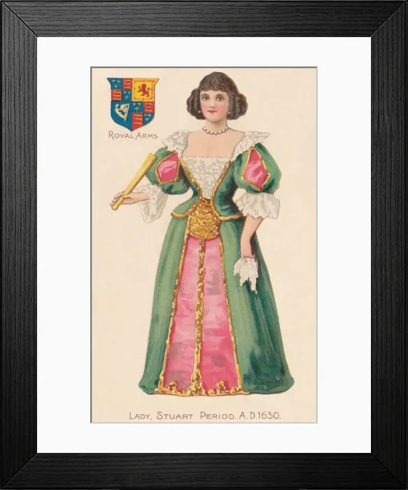 Framed Print : A lady from the Stuart period, AD1630, and the royal coat of arms Framed Print : A lady from the Stuart period, AD1630, and the royal coat of arms