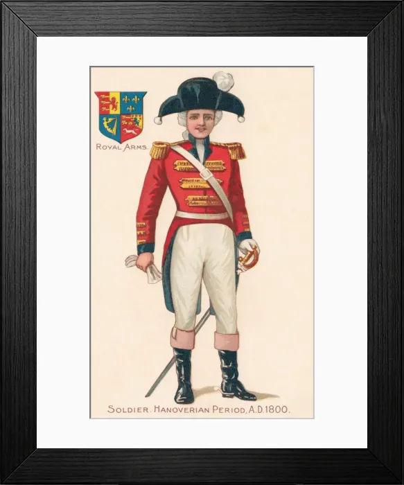 Framed Print : A soldier from the Hanoverian period, AD1800, and the royal coat of arms Framed Print : A soldier from the Hanoverian period, AD1800, and the royal coat of arms