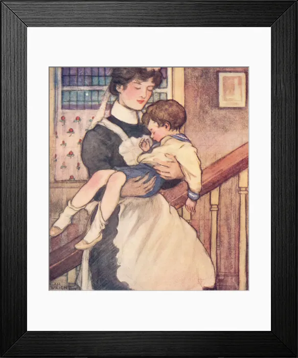 Framed Print : Bedtime. Nurse carrying a weary child upstairs to bed Framed Print : Bedtime. Nurse carrying a weary child upstairs to bed