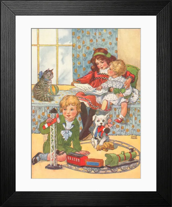 Framed Print : Playtime in the nursery. Reading and playing with toys Framed Print : Playtime in the nursery. Reading and playing with toys