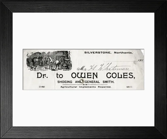 Framed Print : Farriers invoice, Owen Coles, Silverstone, Northants Framed Print : Farriers invoice, Owen Coles, Silverstone, Northants