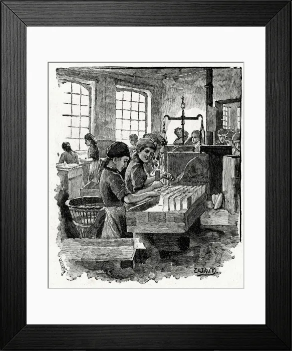 Framed Print : Frys Cocoa and Chocolate, putting cocoa into packets Framed Print : Frys Cocoa and Chocolate, putting cocoa into packets