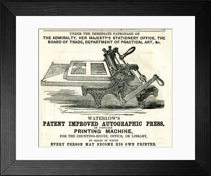 Framed Print : Advert, Waterlows Patent Autographic Press Framed Print : Advert, Waterlows Patent Autographic Press