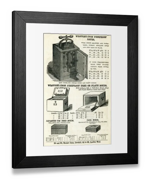 Framed Print : Advert, wrought-iron fireproof safes and deed boxes Framed Print : Advert, wrought-iron fireproof safes and deed boxes