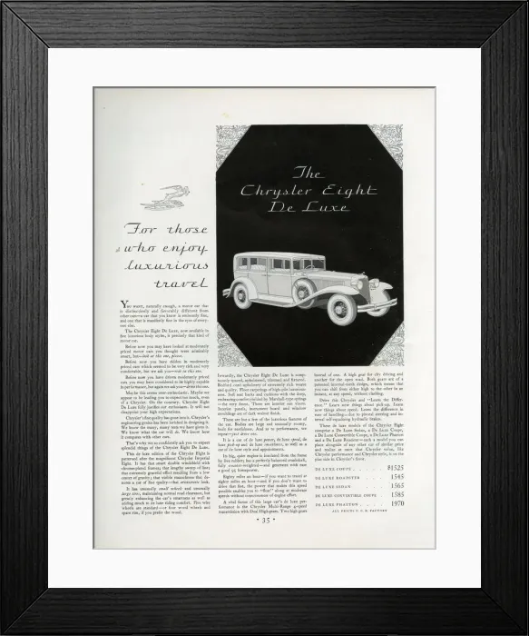 Framed Print : Advert, Chrysler Eight De Luxe car Framed Print : Advert, Chrysler Eight De Luxe car