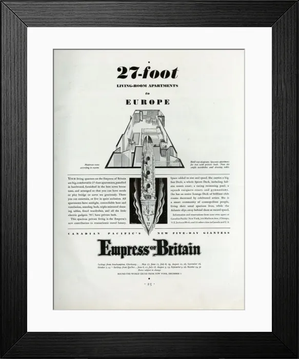 Framed Print : Advert, Canadian Pacific, Empress of Britain sailings Framed Print : Advert, Canadian Pacific, Empress of Britain sailings