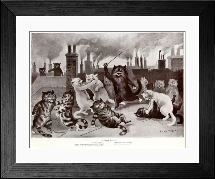 Framed Print : Supplement, The Seven Ages by Louis Wain - Four Framed Print : Supplement, The Seven Ages by Louis Wain - Four