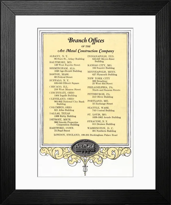Framed Print : Art Metal Construction Company, Branch Offices Framed Print : Art Metal Construction Company, Branch Offices