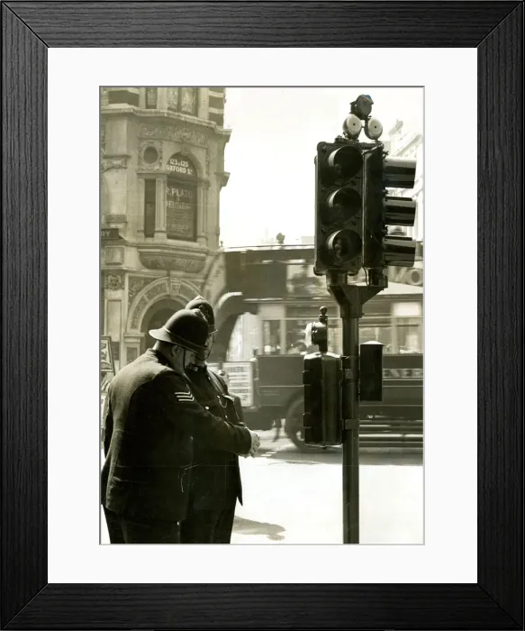 Framed Print : Traffic lights with bells on top, Oxford Street, London Framed Print : Traffic lights with bells on top, Oxford Street, London