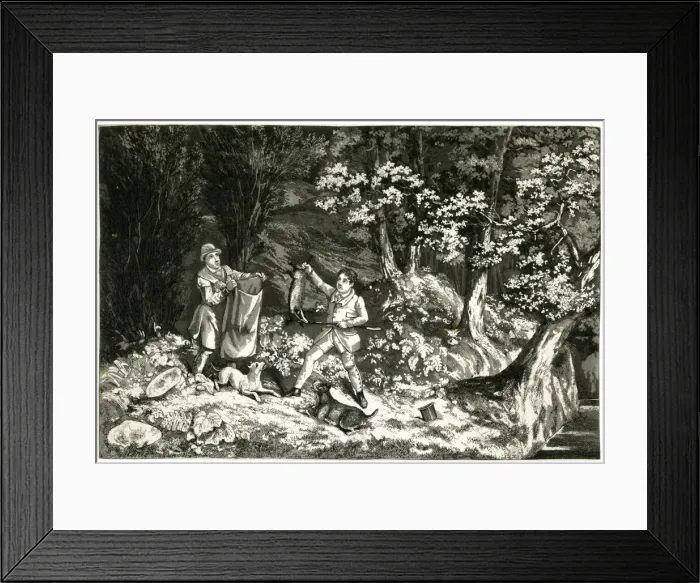 Framed Print : Two men with dogs, hunting badgers in a wood Framed Print : Two men with dogs, hunting badgers in a wood