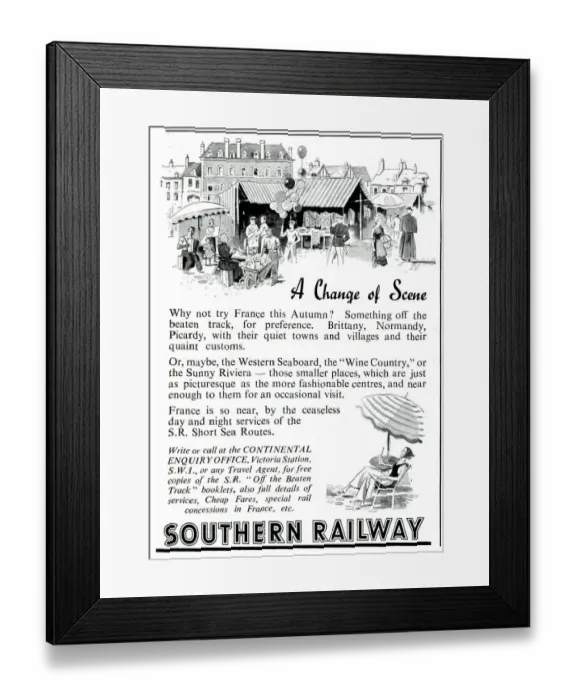 Framed Print : A Change of Scene - Advert for Southern Railway 1939 Framed Print : A Change of Scene - Advert for Southern Railway 1939