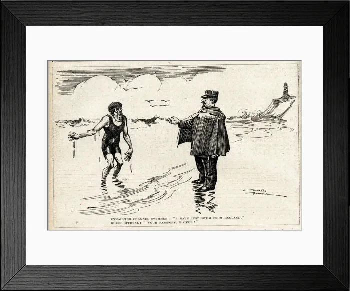Framed Print : Cartoon, Channel swimmer asked for passport Framed Print : Cartoon, Channel swimmer asked for passport
