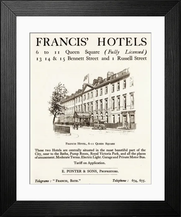 Framed Print : Advert Francis Hotels, Bath Framed Print : Advert Francis Hotels, Bath