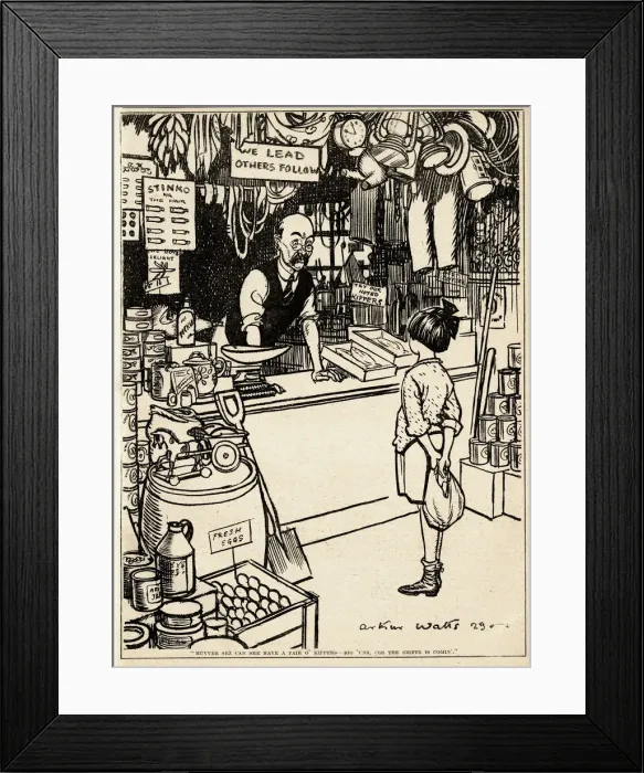 Framed Print : Cartoon, Girl at the grocers shop Framed Print : Cartoon, Girl at the grocers shop
