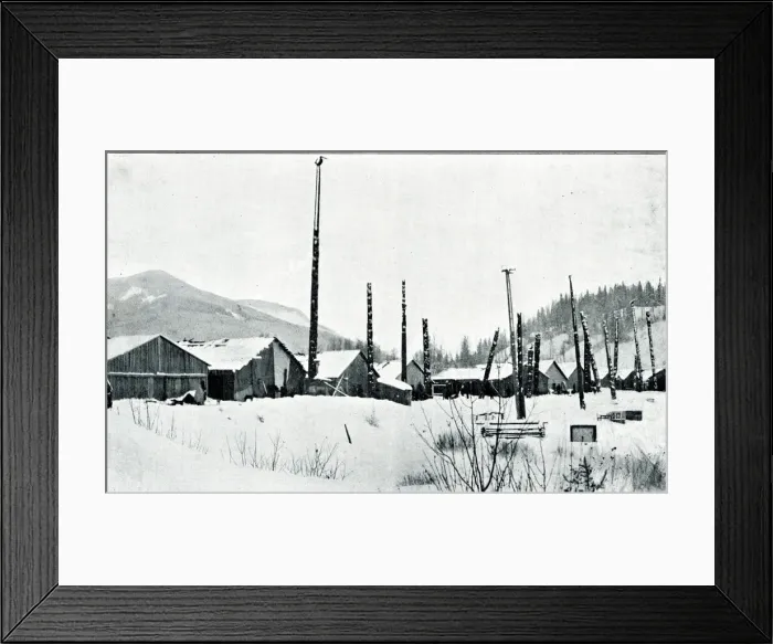 Framed Print : Native American Indian village with totem poles Framed Print : Native American Indian village with totem poles