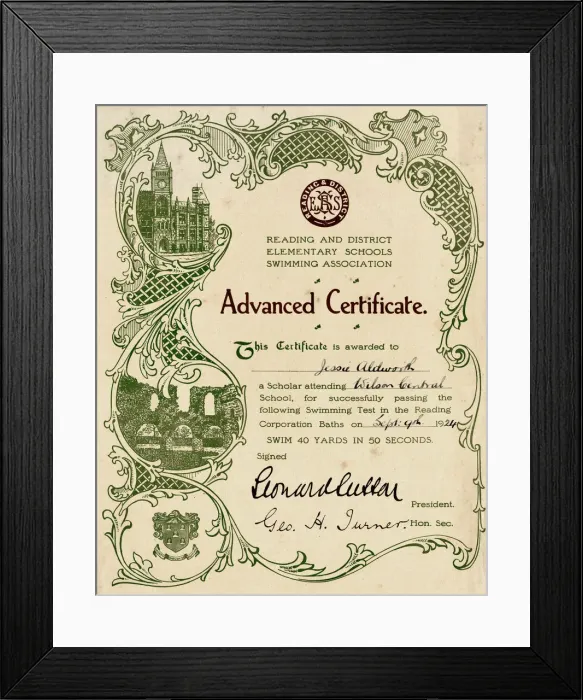 Framed Print : Advanced Swimming Certificate, Reading Schools Framed Print : Advanced Swimming Certificate, Reading Schools