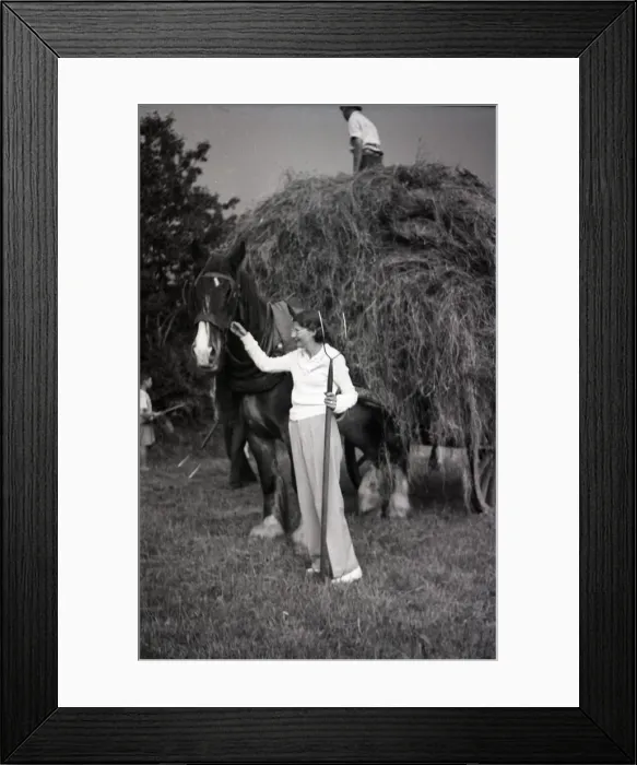 Framed Print : Woman with pitchfork stroking a horse Framed Print : Woman with pitchfork stroking a horse