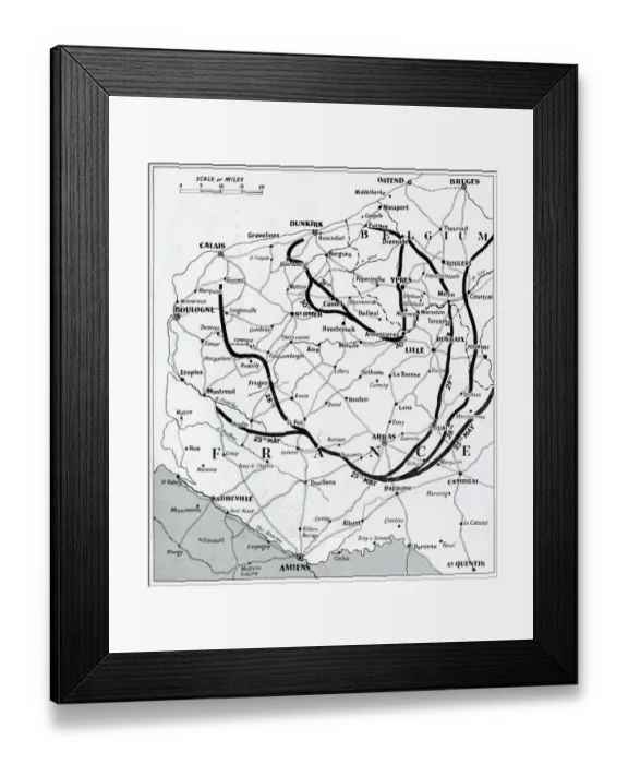 Framed Print : Map of France and Belgium, evacuation from Dunkirk, WW2 Framed Print : Map of France and Belgium, evacuation from Dunkirk, WW2