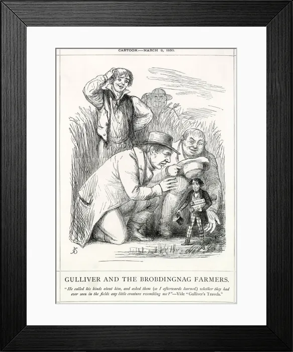 Framed Print : Cartoon, Gulliver and the Brobdingnag Farmers Framed Print : Cartoon, Gulliver and the Brobdingnag Farmers