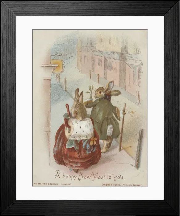 Framed Print : Victorian Greeting Card - Rabbits with Misteltoe Framed Print : Victorian Greeting Card - Rabbits with Misteltoe