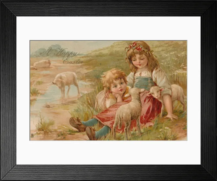 Framed Print : Country children and lambs Framed Print : Country children and lambs