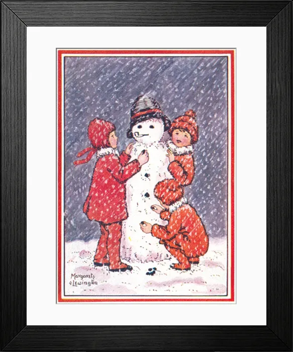 Framed Print : Snowman. Three children wearing red clothes building a snowman Framed Print : Snowman. Three children wearing red clothes building a snowman