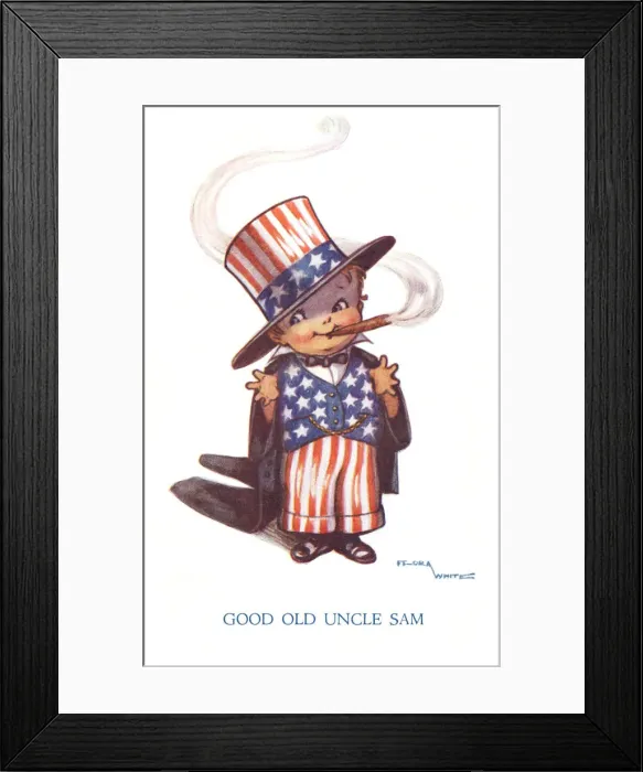 Framed Print : Uncle Sam. Small child dressed as Uncle Sam and smoking a cigar Framed Print : Uncle Sam. Small child dressed as Uncle Sam and smoking a cigar