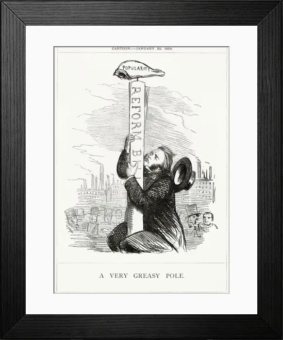 Framed Print : Cartoon, A Very Greasy Pole (John Bright) Framed Print : Cartoon, A Very Greasy Pole (John Bright)