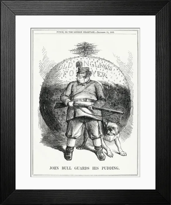 Framed Print : Cartoon, John Bull Guards his Pudding Framed Print : Cartoon, John Bull Guards his Pudding