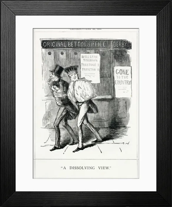 Framed Print : Cartoon, A Dissolving View (Disraeli and Derby) Framed Print : Cartoon, A Dissolving View (Disraeli and Derby)