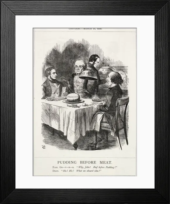 Framed Print : Cartoon, Pudding Before Meat (Russell and Reform) Framed Print : Cartoon, Pudding Before Meat (Russell and Reform)
