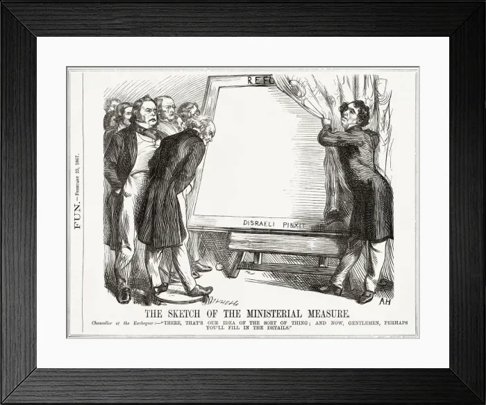 Framed Print : Cartoon, The Sketch of the Ministerial Measure (Disraeli) Framed Print : Cartoon, The Sketch of the Ministerial Measure (Disraeli)