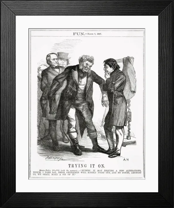 Framed Print : Cartoon, Trying It On (Disraeli and Reform) Framed Print : Cartoon, Trying It On (Disraeli and Reform)