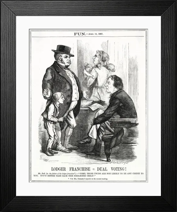 Framed Print : Cartoon, Lodger Franchise v Dual Voting! (Disraeli) Framed Print : Cartoon, Lodger Franchise v Dual Voting! (Disraeli)