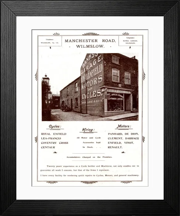 Framed Print : Advert, Bankss Motor Car and Cycle Garage, Wilmslow Advert Framed Print : Advert, Bankss Motor Car and Cycle Garage, Wilmslow Advert