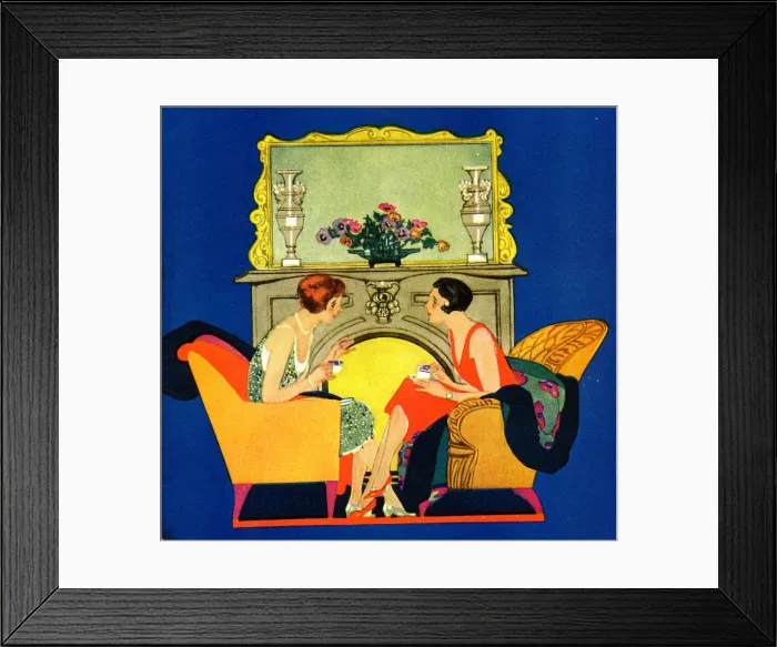 Framed Print : Two women chatting at the fireside Framed Print : Two women chatting at the fireside