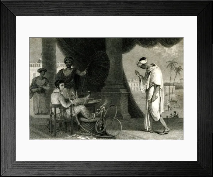 Framed Print : Englishman sitting smoking a hookah, India Framed Print : Englishman sitting smoking a hookah, India