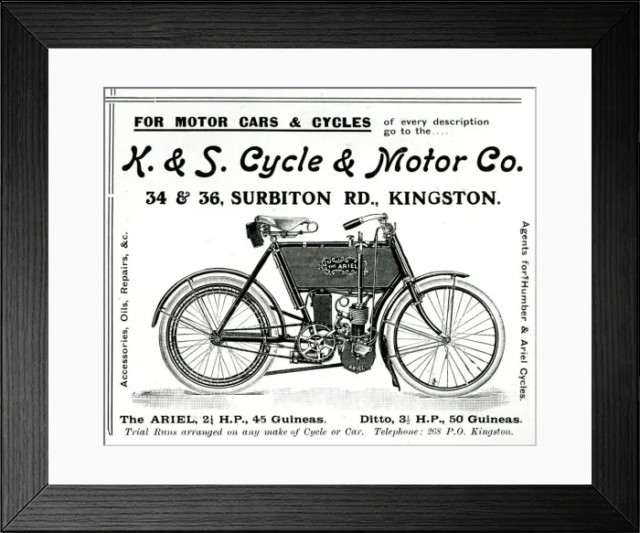 Framed Print : Advert, K &s Cycle & Motor Co, Kingston, Surrey Advert Framed Print : Advert, K &s Cycle & Motor Co, Kingston, Surrey Advert